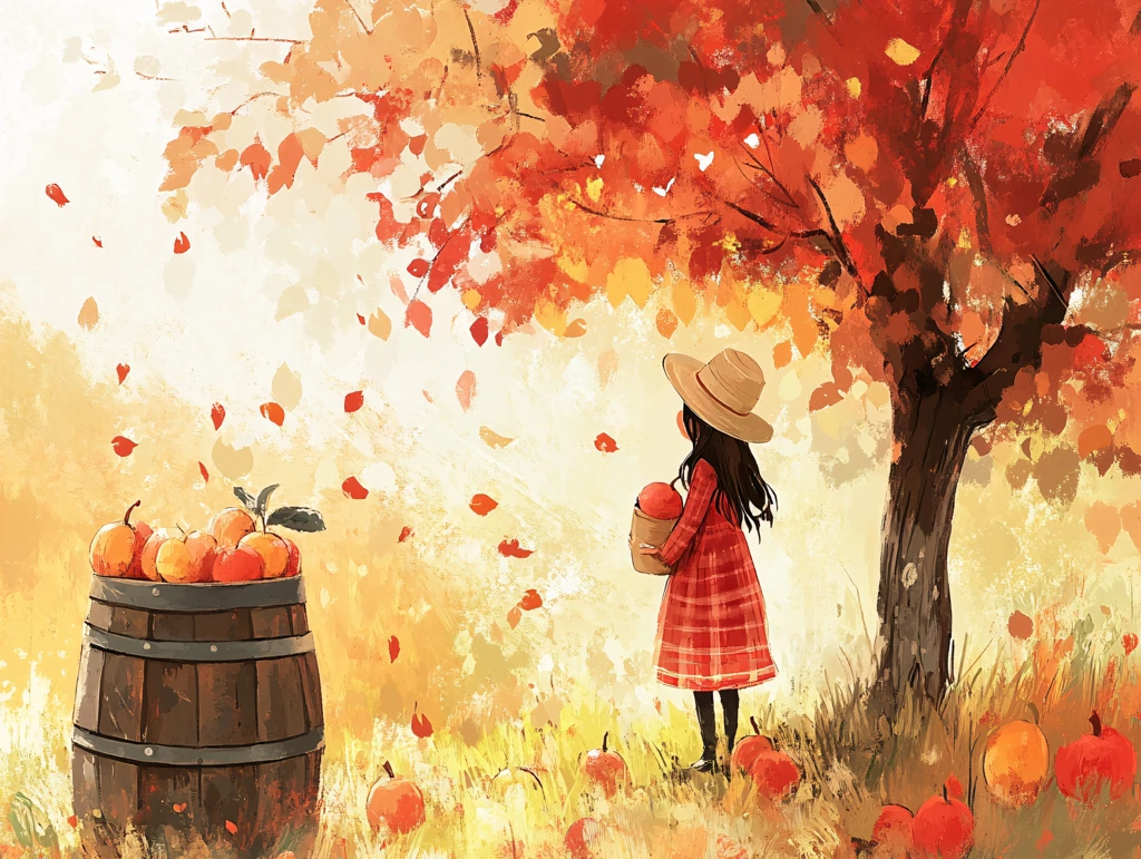 小女孩摘苹果插画