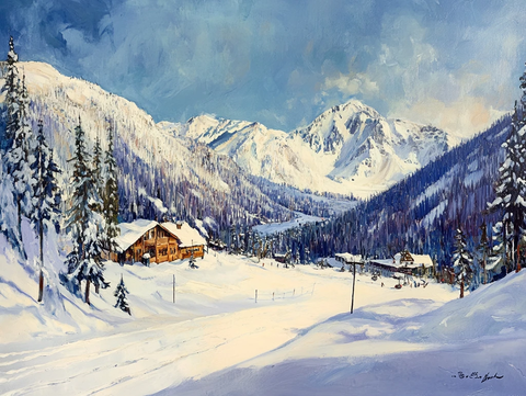冬天的山村油画