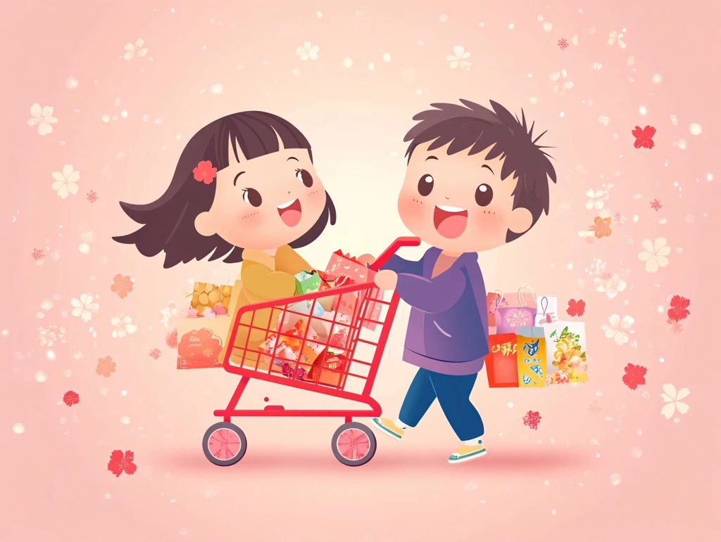 男孩女孩购物插画