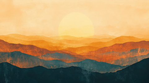 日落水墨画日落群山