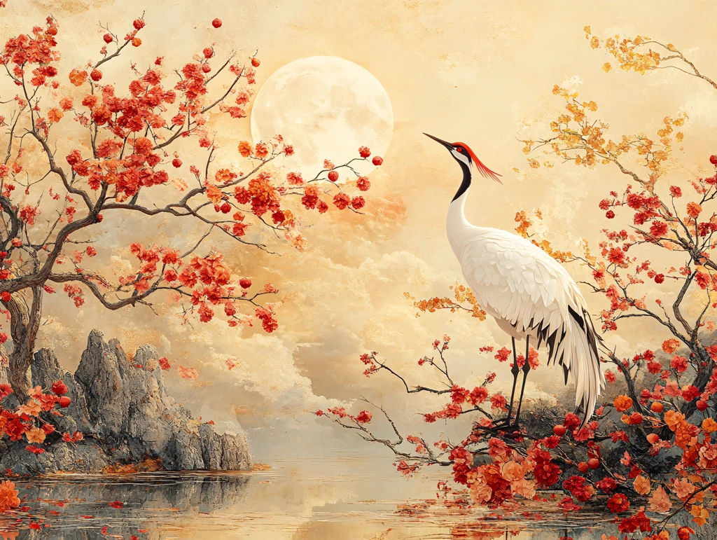 梅花仙鹤旭日东升