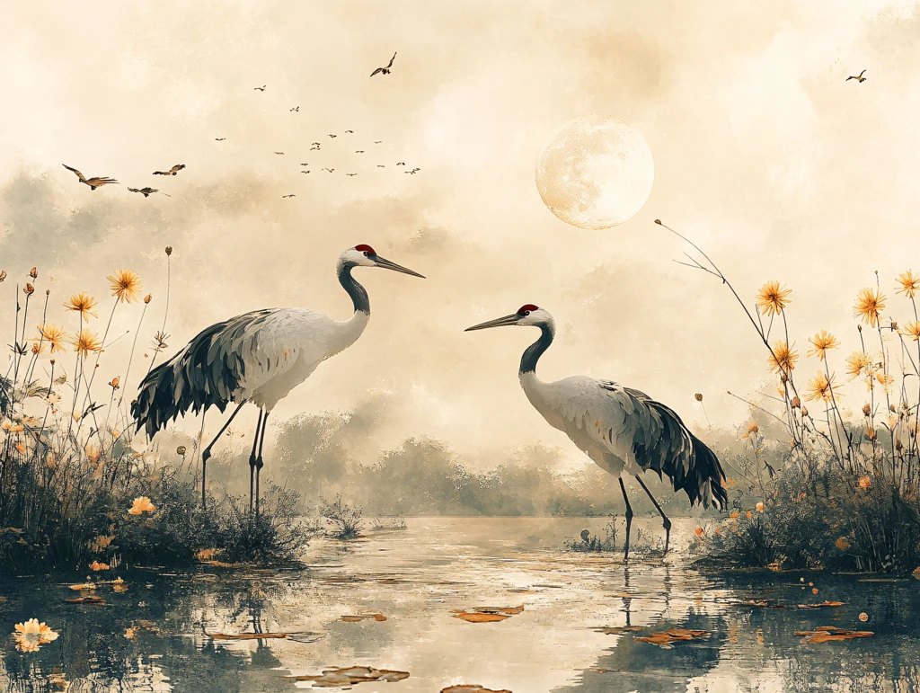 唯美仙鹤风景插画