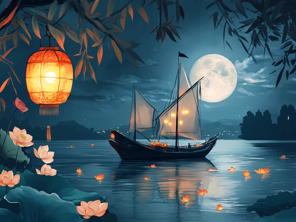 虎溪夜月景点插画