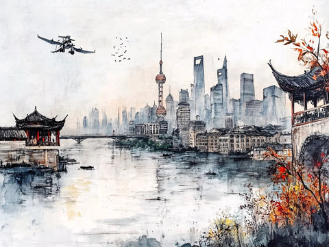 北上广深水彩旅游城市