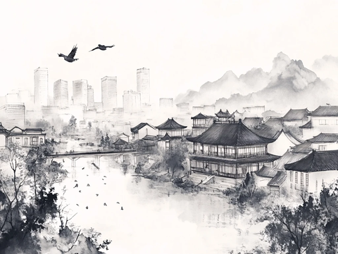 水墨延边城市插画