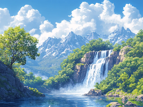 山水风景油画瀑布