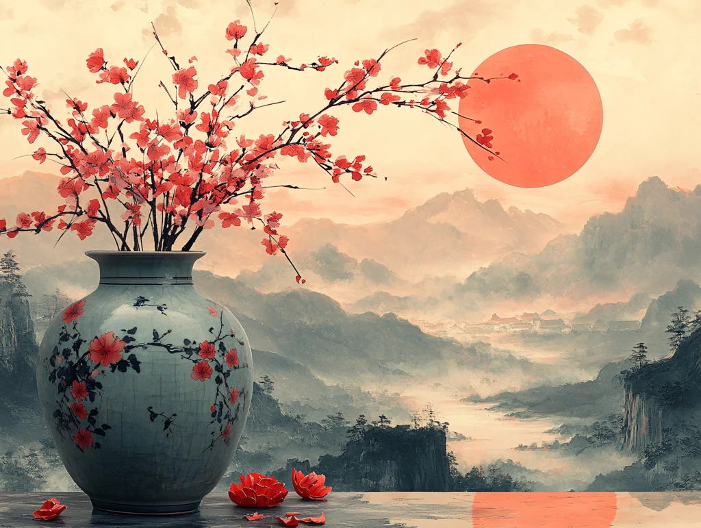 红日出东方意境中式画