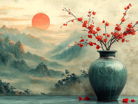 红日出东方意境中式画