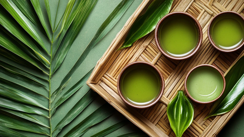 竹制茶具与绿叶