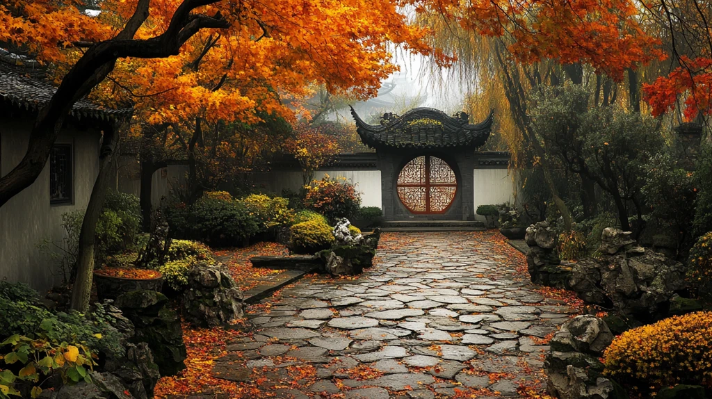 金色秋天中式园林素材
