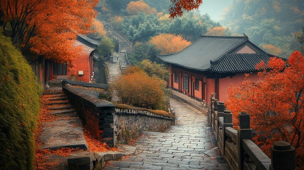 中式民居红枫树