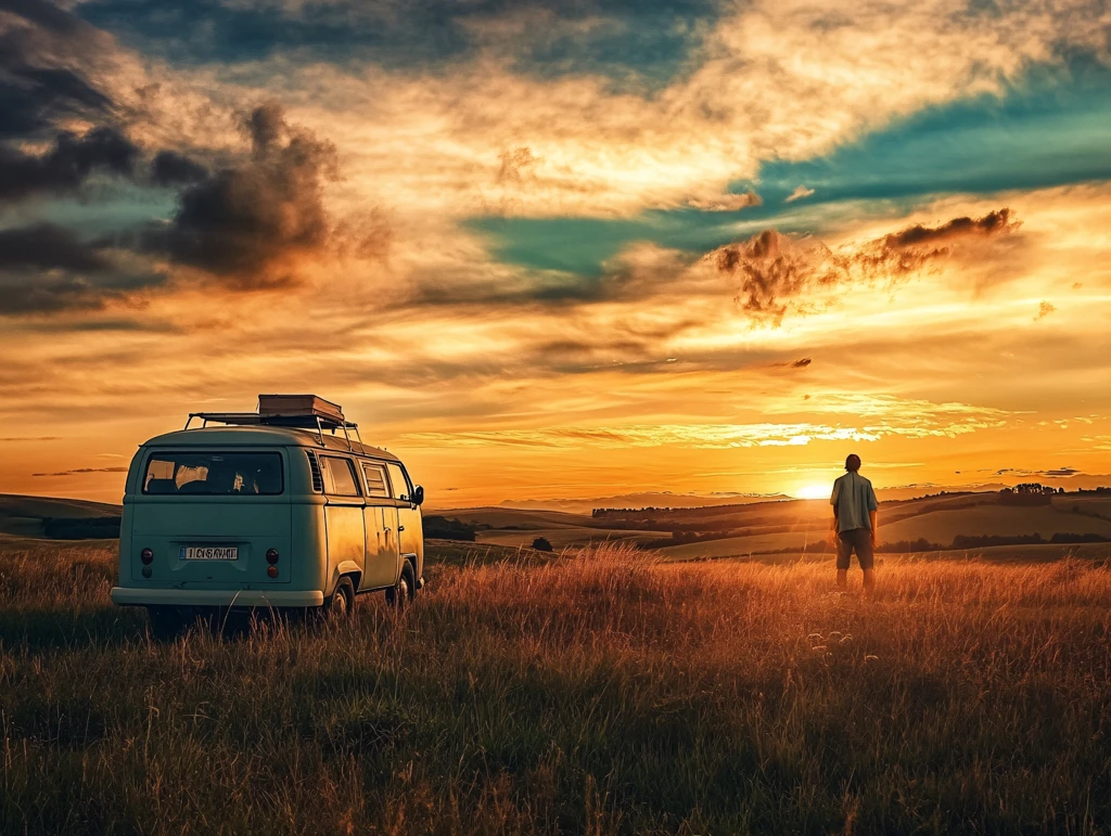 草原中的旅行车