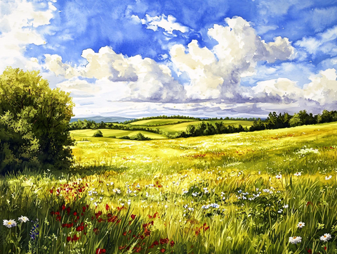 蓝天白云绿草油画