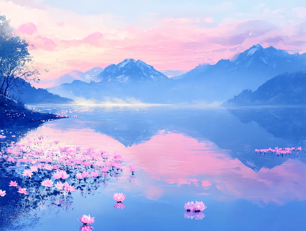 唯美湖色水彩花卉倒影