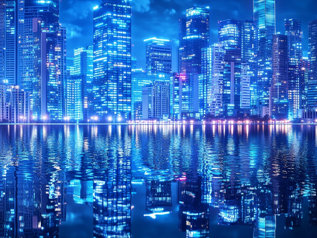 湖边高楼霓虹夜色