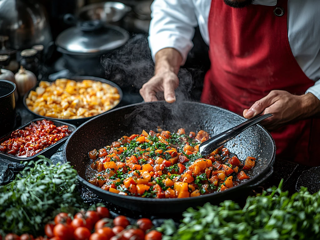 厨师炒制番茄底料酱汁