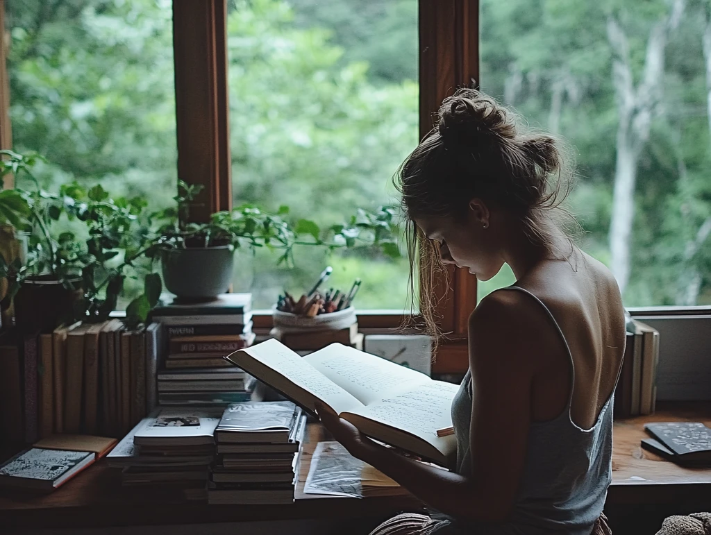 坐在窗前看书的女孩