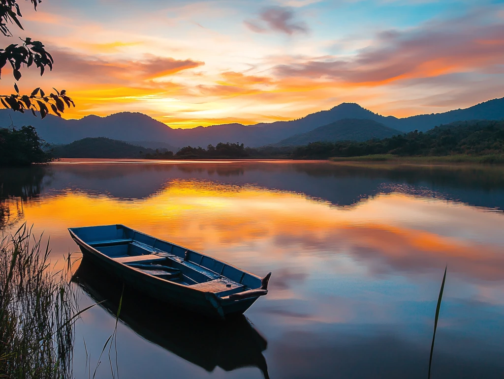 黄昏湖畔木舟