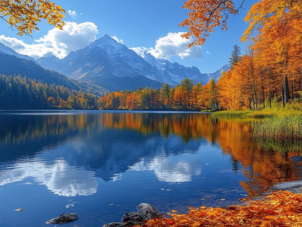 高山湖泊森林雪山黄叶