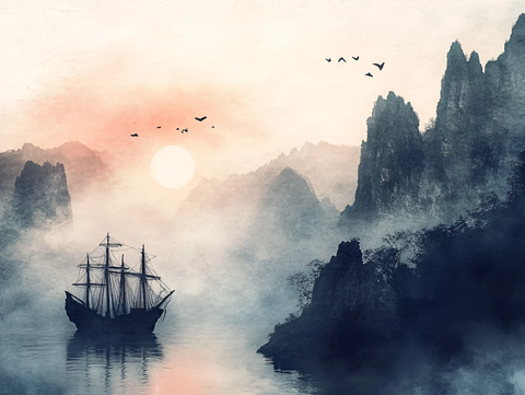 水墨山水帆船