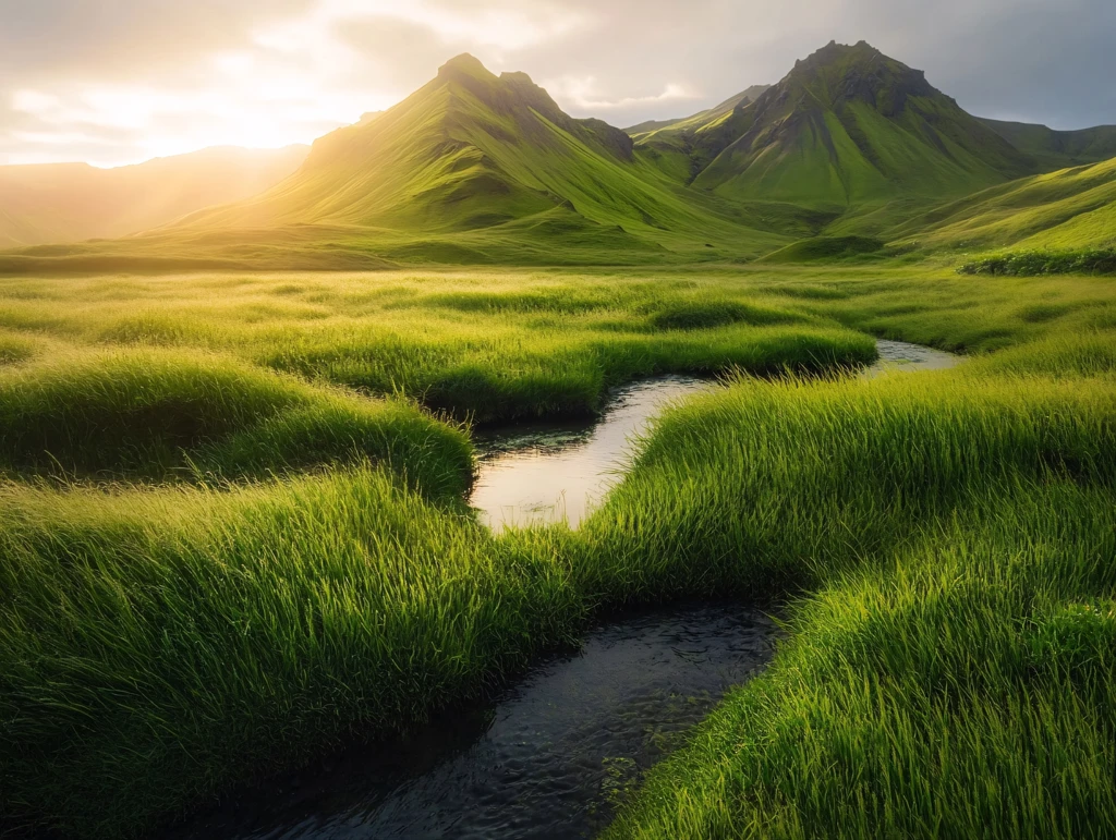 夕阳下的草地溪流