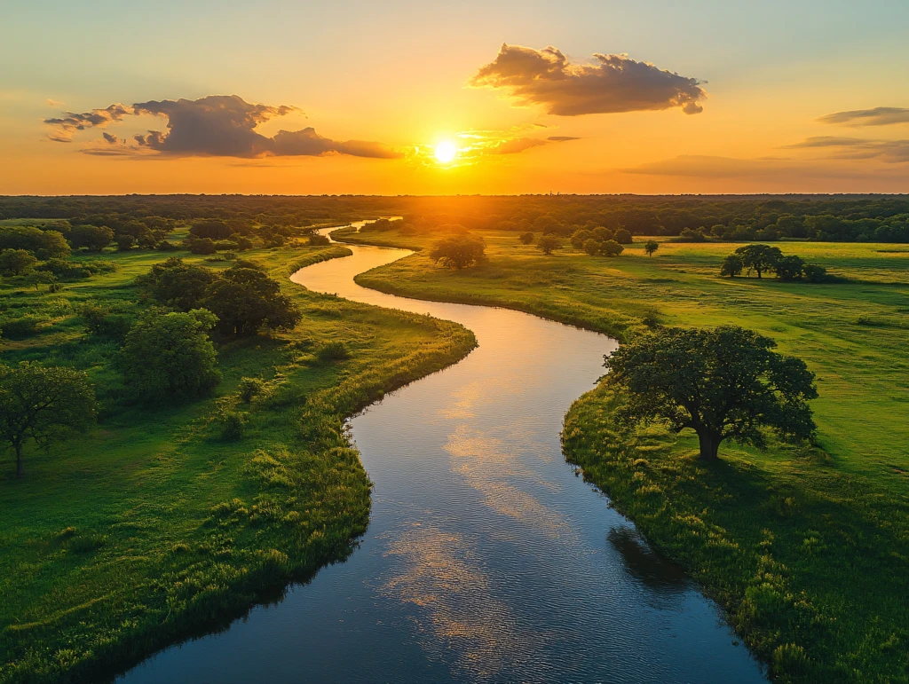 草原河流日出美景