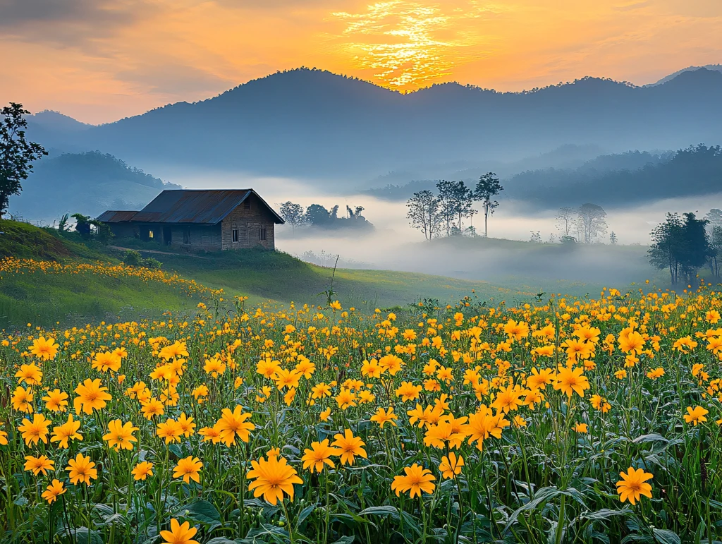 晨雾缭绕的花田
