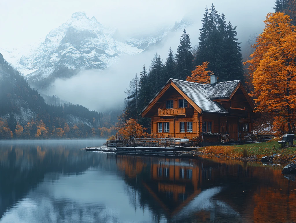 高山湖泊森林雪山黄叶