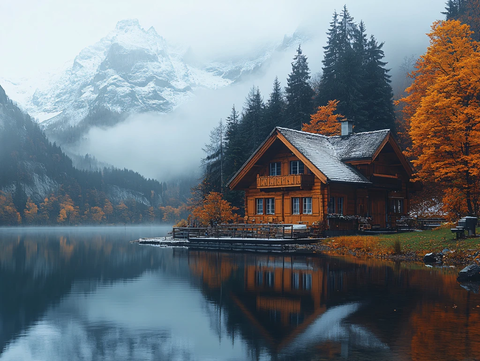 高山湖泊森林雪山黄叶