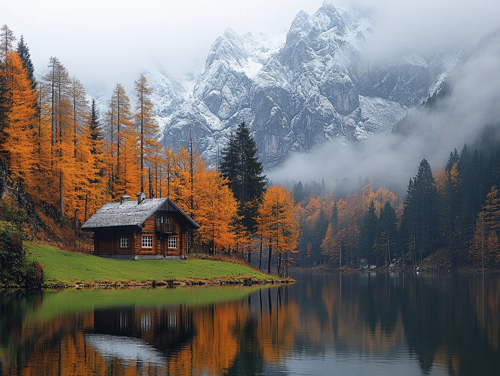 高山湖泊森林雪山黄叶