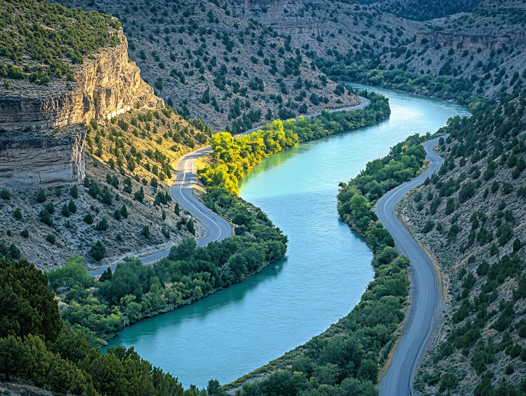 蜿蜒河流山间道路