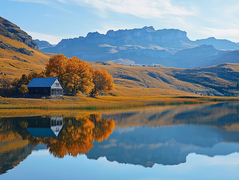 木屋倒影风景牧场林场