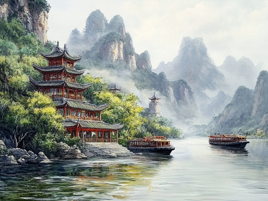 古风亭台楼阁油画