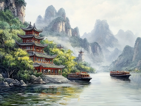 古风亭台楼阁油画