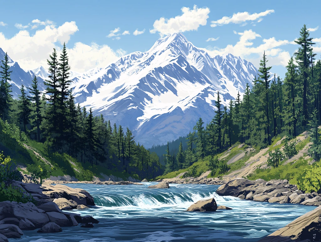 雪山森林河流图