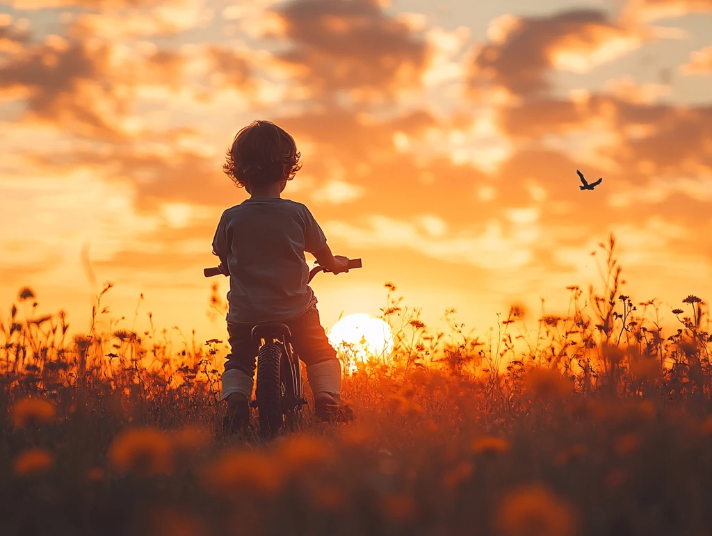 夕阳下玩耍的小男孩