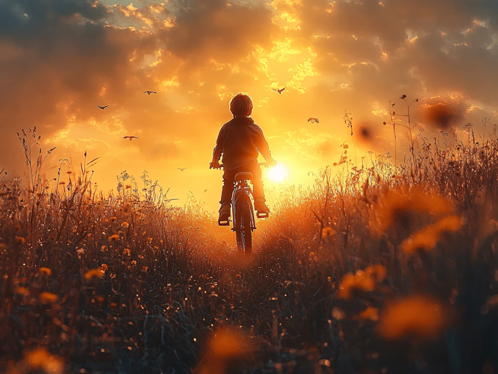 夕阳下玩耍的小男孩