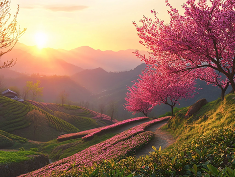 樱花树下的茶园