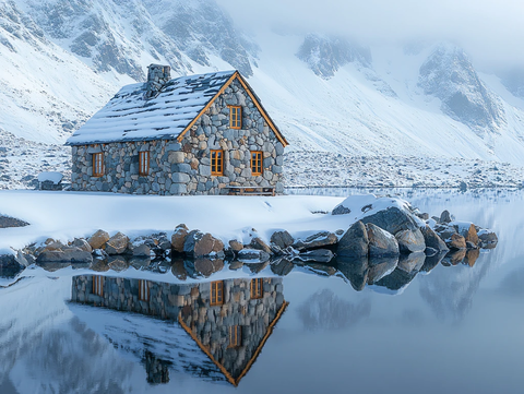 山峦小屋雪景
