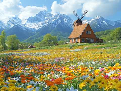 风车房屋花海