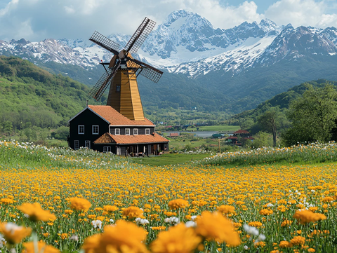 风车房屋花海
