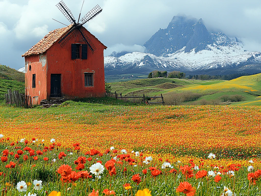 风车房屋花海