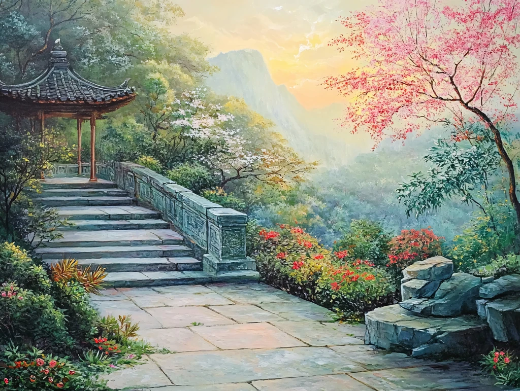 古风亭台楼阁油画