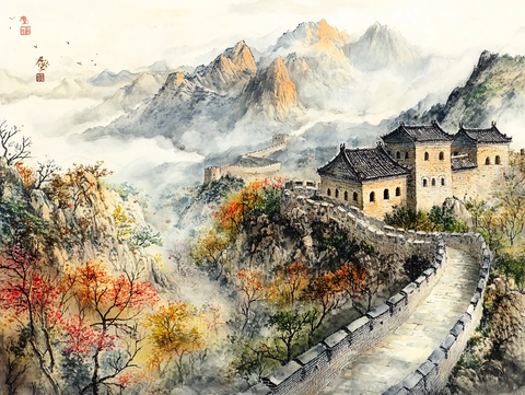 水彩画长城