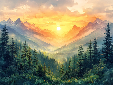 山区日出风景画