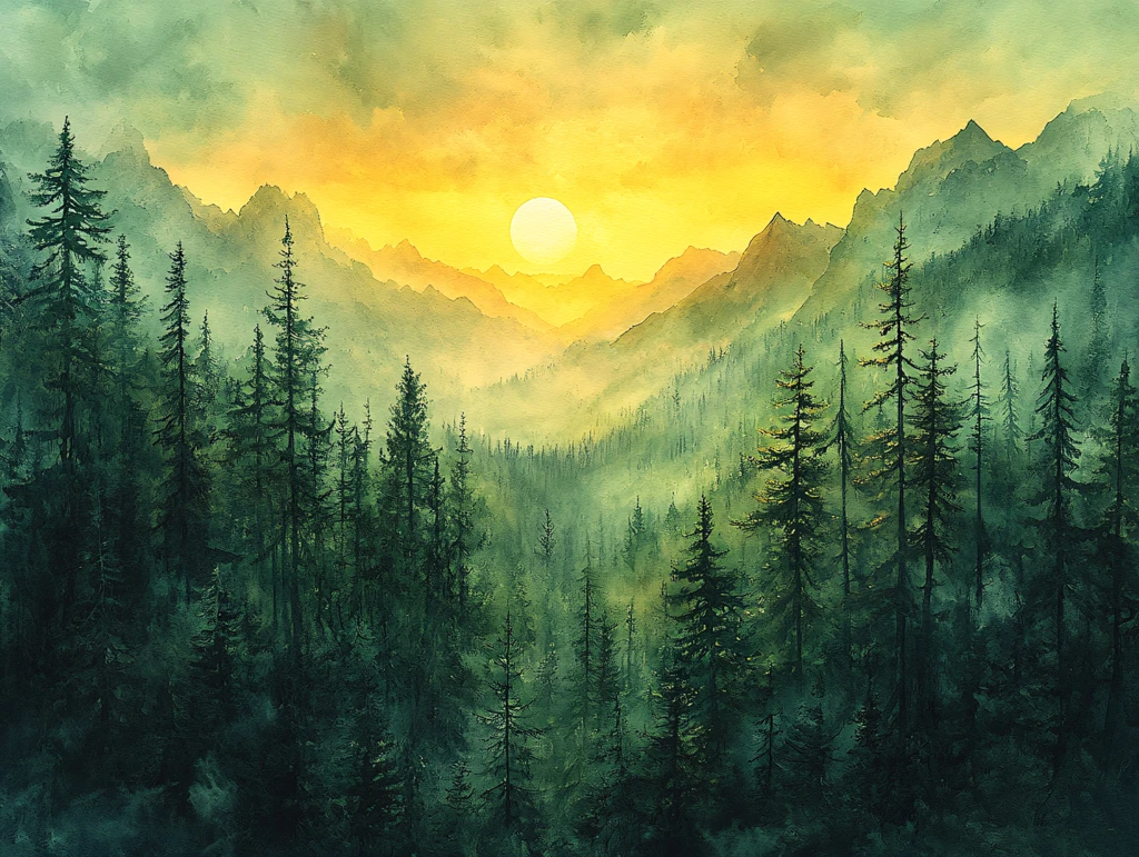 山区日出风景画