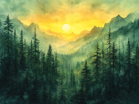 山区日出风景画