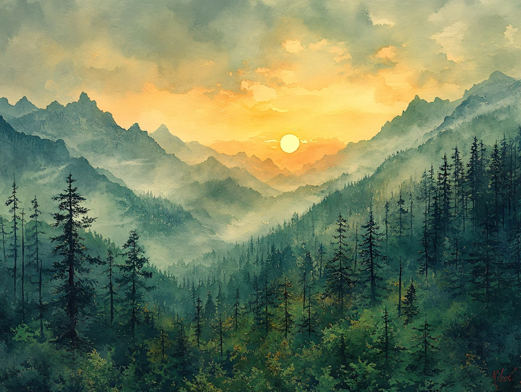 山区日出风景画