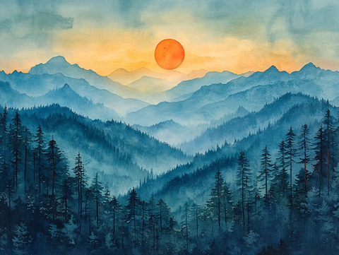 山区日出风景画