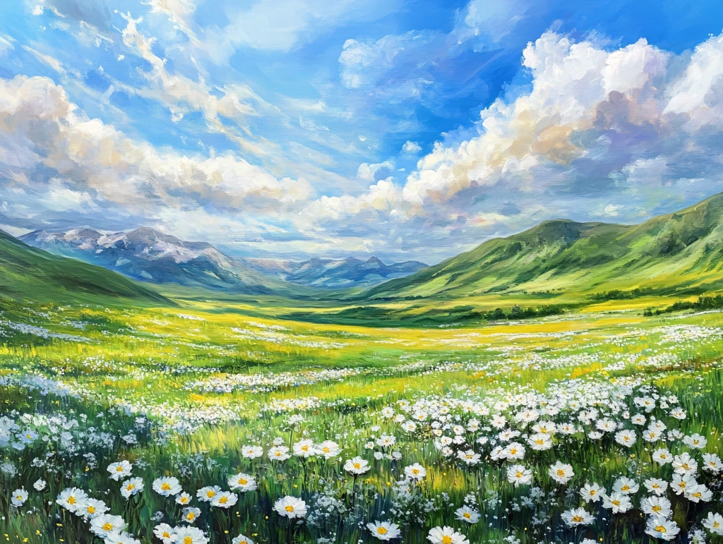 蓝天白云鲜花油画